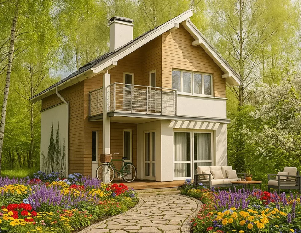 2-х этажный каркасный дом с балконом и террасой КД-890 фото 1