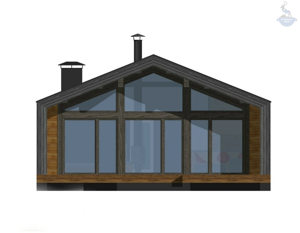 КД-900: одноэтажный каркасный дом с панорамными окнами, крыльцом и террасой