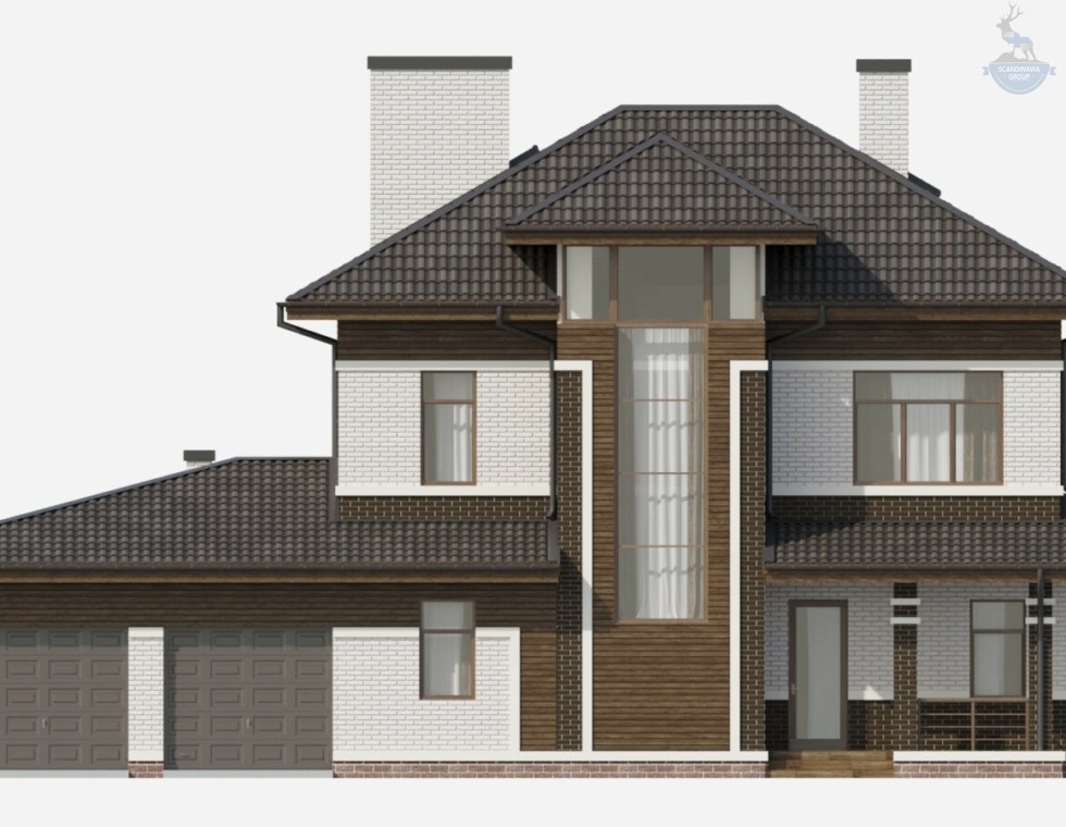 КД-400: двухэтажный каркасный дом с мансардой и гаражом