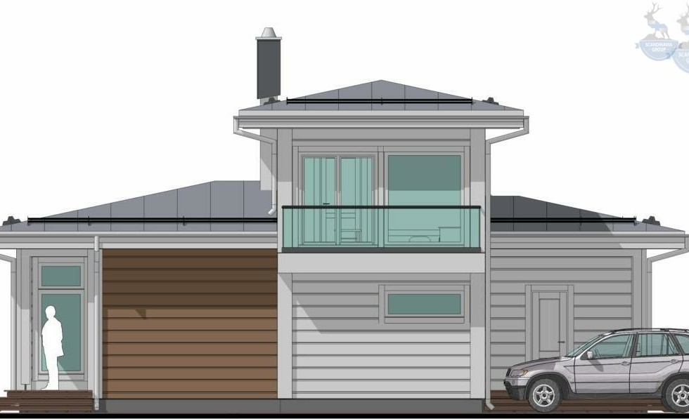 КД-740: двухэтажный каркасный дом с панорамными окнами и сауной