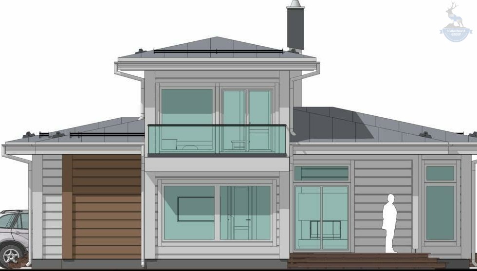 КД-740: двухэтажный каркасный дом с панорамными окнами и сауной