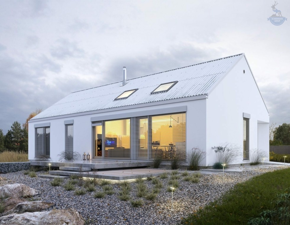 КД-980: одноэтажный каркасный дом с панорамными окнами и вторым светом
