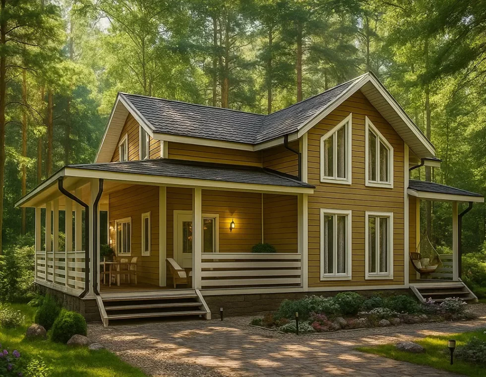 Двухэтажный каркасный дом с крыльцом и террасой КД-700 фото