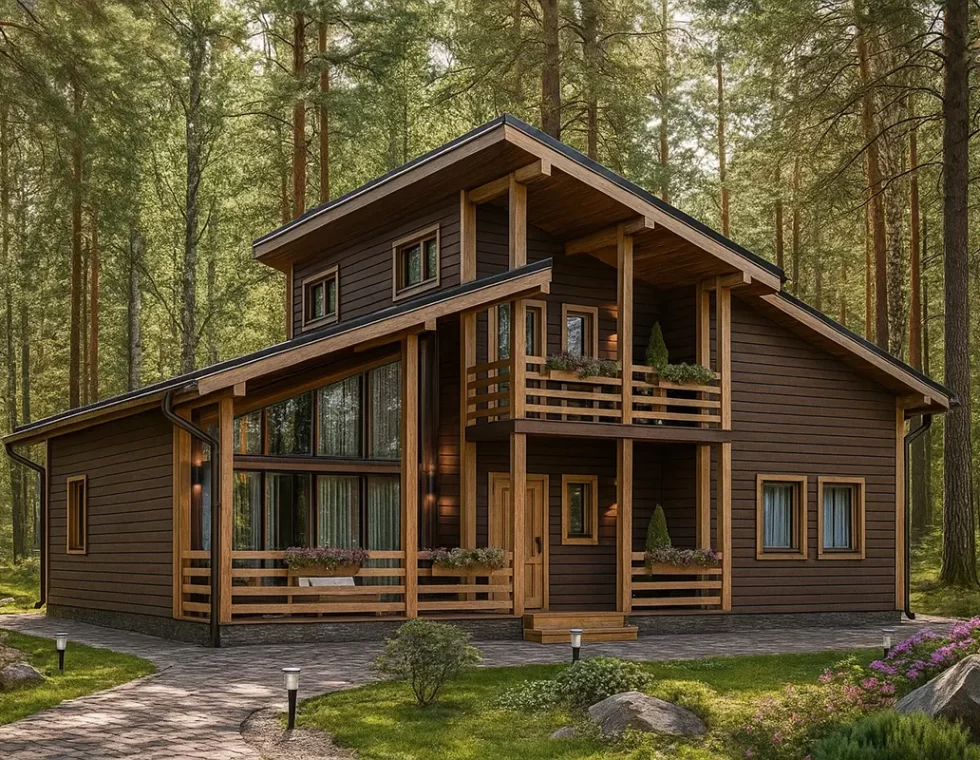 Двухэтажный каркасный дом с панорамными окнами и верандой КД-940 фото