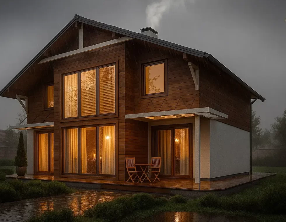 Двухэтажный каркасный дом с террасой и камином КД-840 фото 1