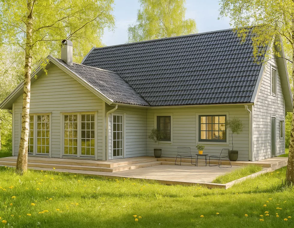 Двухэтажный каркасный дом с террасой и панорамными окнами КД-600 фото 1