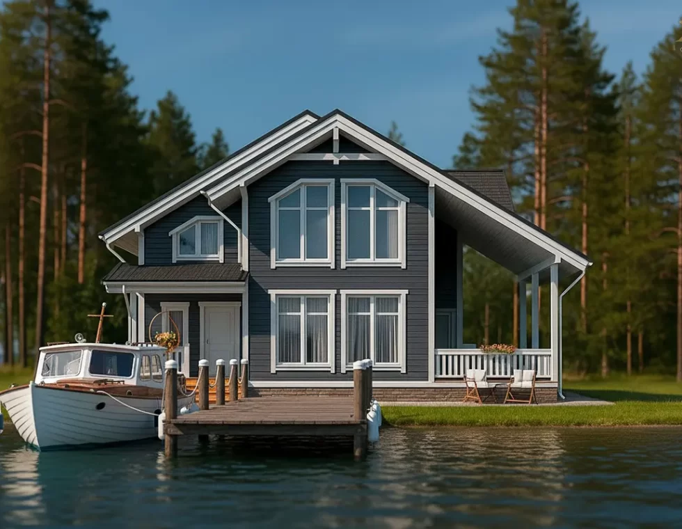 Двухэтажный каркасный дом с террасой, крыльцом и вторым светом КД-910 фото