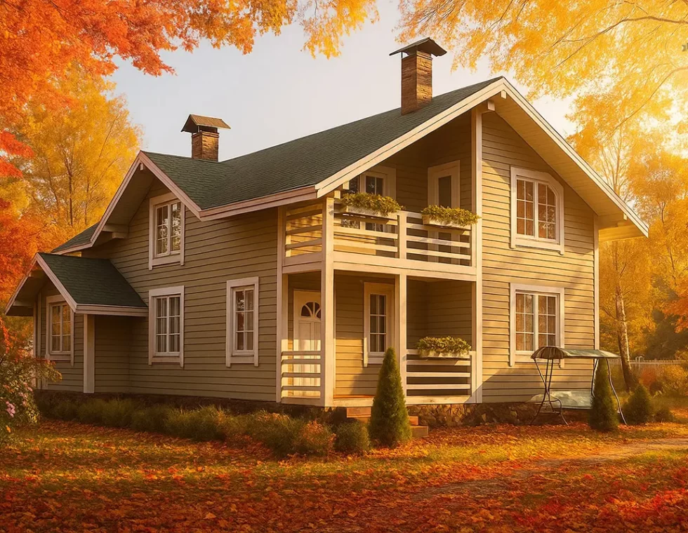 Двухэтажный каркасный дом с высокими потолками и крыльцом КД-770 фото