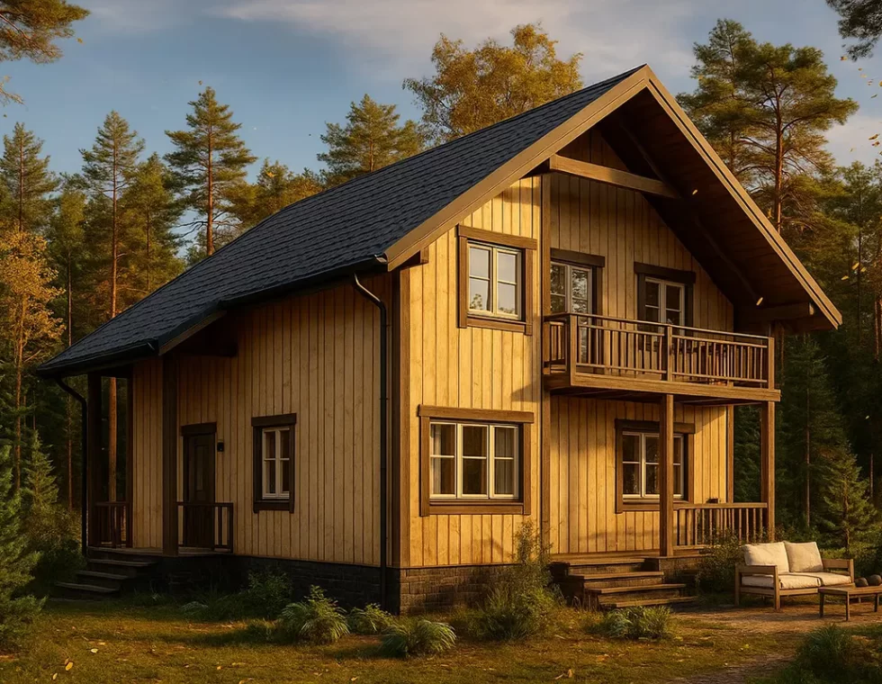 Двухэтажный каркасный дом с 2-мя террасами и балконом КД-80 фото 1