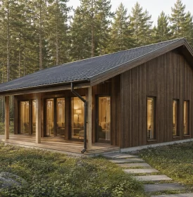 КД-1610: крытая терраса 18 м² со светлыми сосновыми стойками под общим скатом, тёмный фахверк, сосновый лес