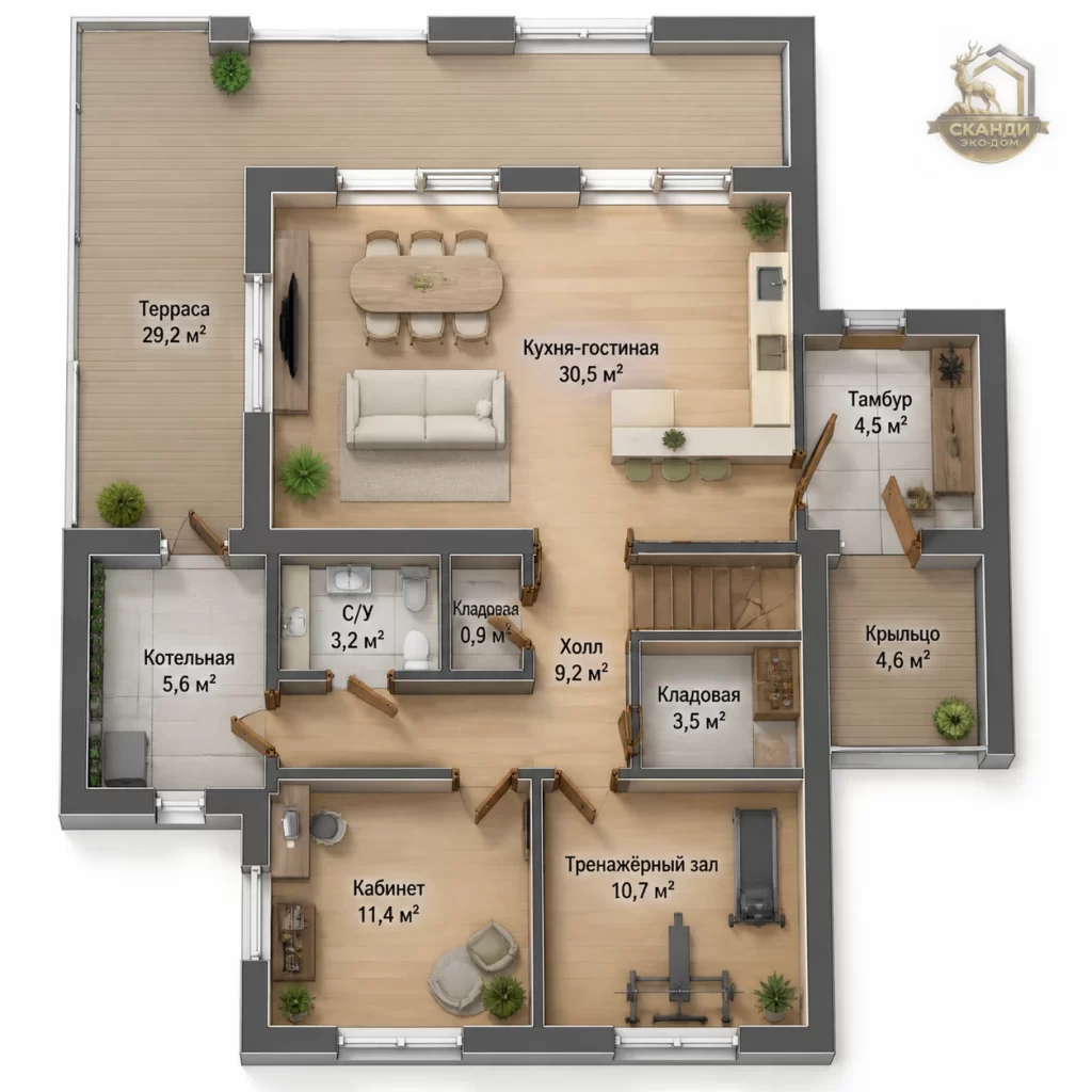 Планировка 1 этажа КД-1420: кухня-гостиная 30,5 м², кабинет, тренажёрный зал, котельная, терраса 29,2 м², 113,3 м²
