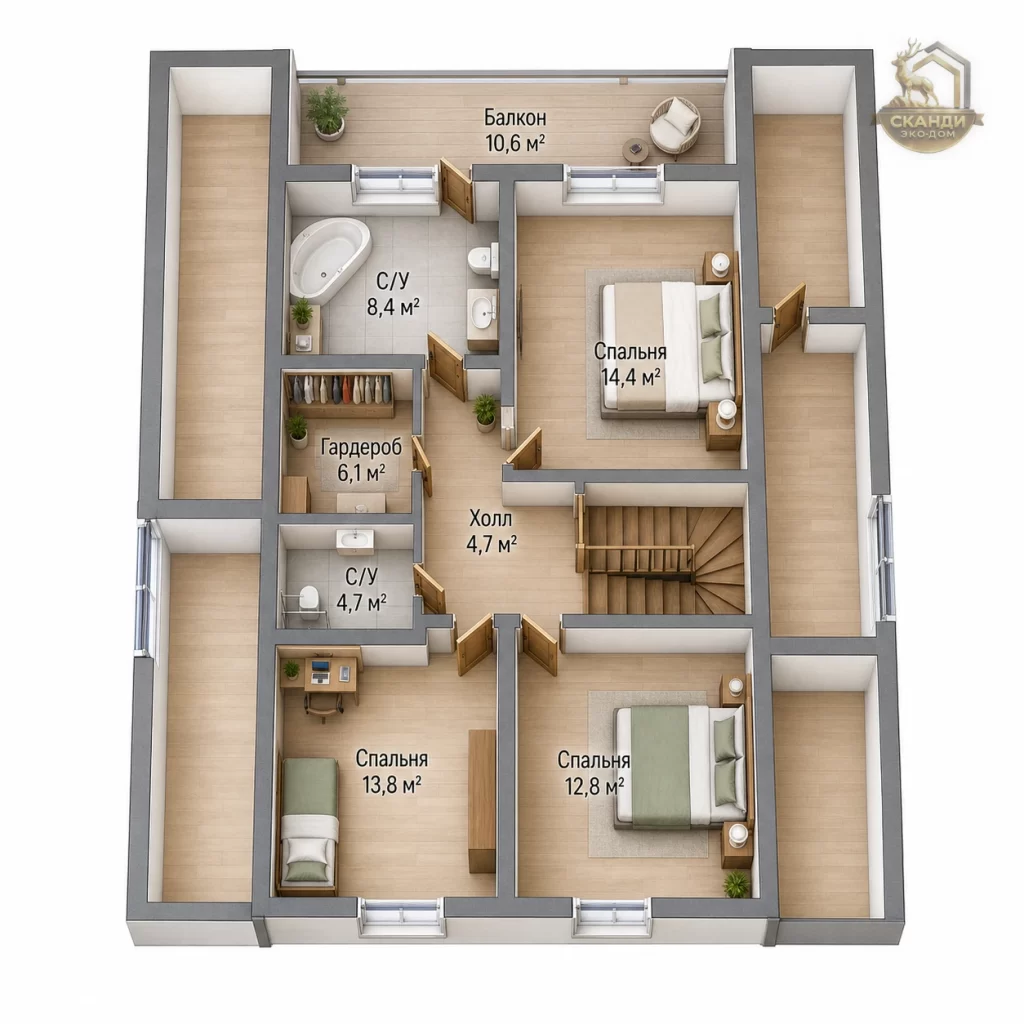 Планировка 2 этажа КД-1420: 3 спальни (14,4/13,8/12,8 м²), гардероб, 2 санузла, балкон 10,6 м², 75,5 м²