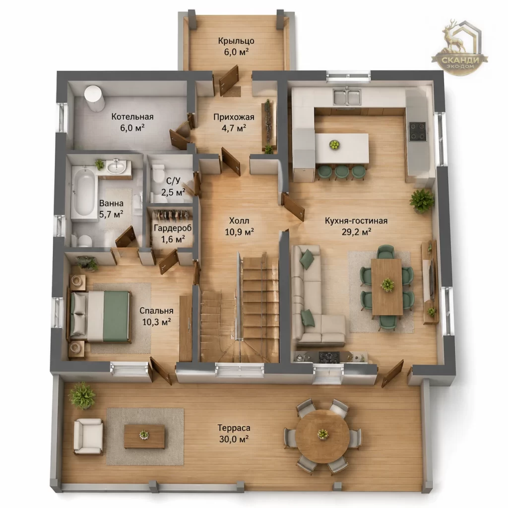 Планировка 1 этажа КД-1430: спальня 10,3 м², кухня-гостиная 29,2 м², терраса 30 м², санузел, котельная — 106,9 м²