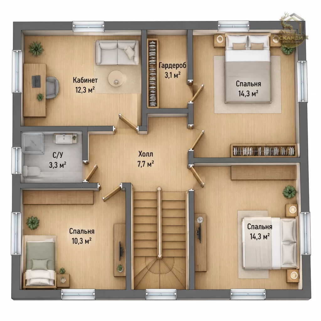 Планировка 2 этажа КД-1430: 3 спальни (14,3/14,3/10,3 м²), кабинет 12,3 м², гардероб, санузел — 65,3 м²