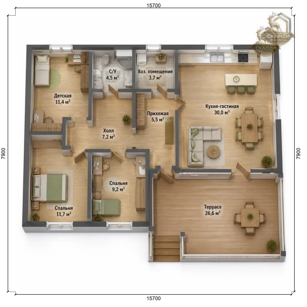 Планировка КД-1440: 2 спальни + детская, кухня-гостиная 30 м², терраса 26,6 м², санузел, хозпомещение — 109,8 м²