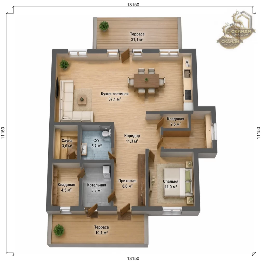 Планировка 1 этажа КД-1450: кухня-гостиная 37,1 м², спальня 11 м², сауна, котельная, 2 террасы (21+10) — 120,8 м²