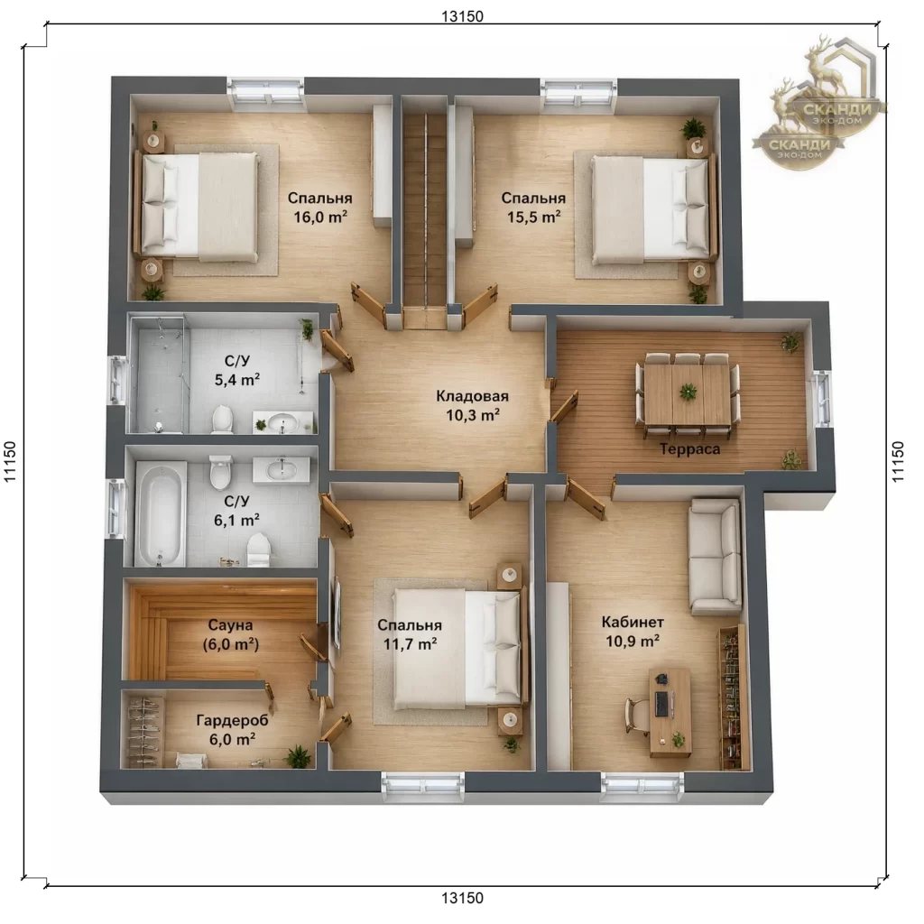 Планировка 2 этажа КД-1450: 3 спальни (16,0/15,5/11,7 м²), кабинет 10,9 м², 2 санузла, гардероб — 81,9 м²