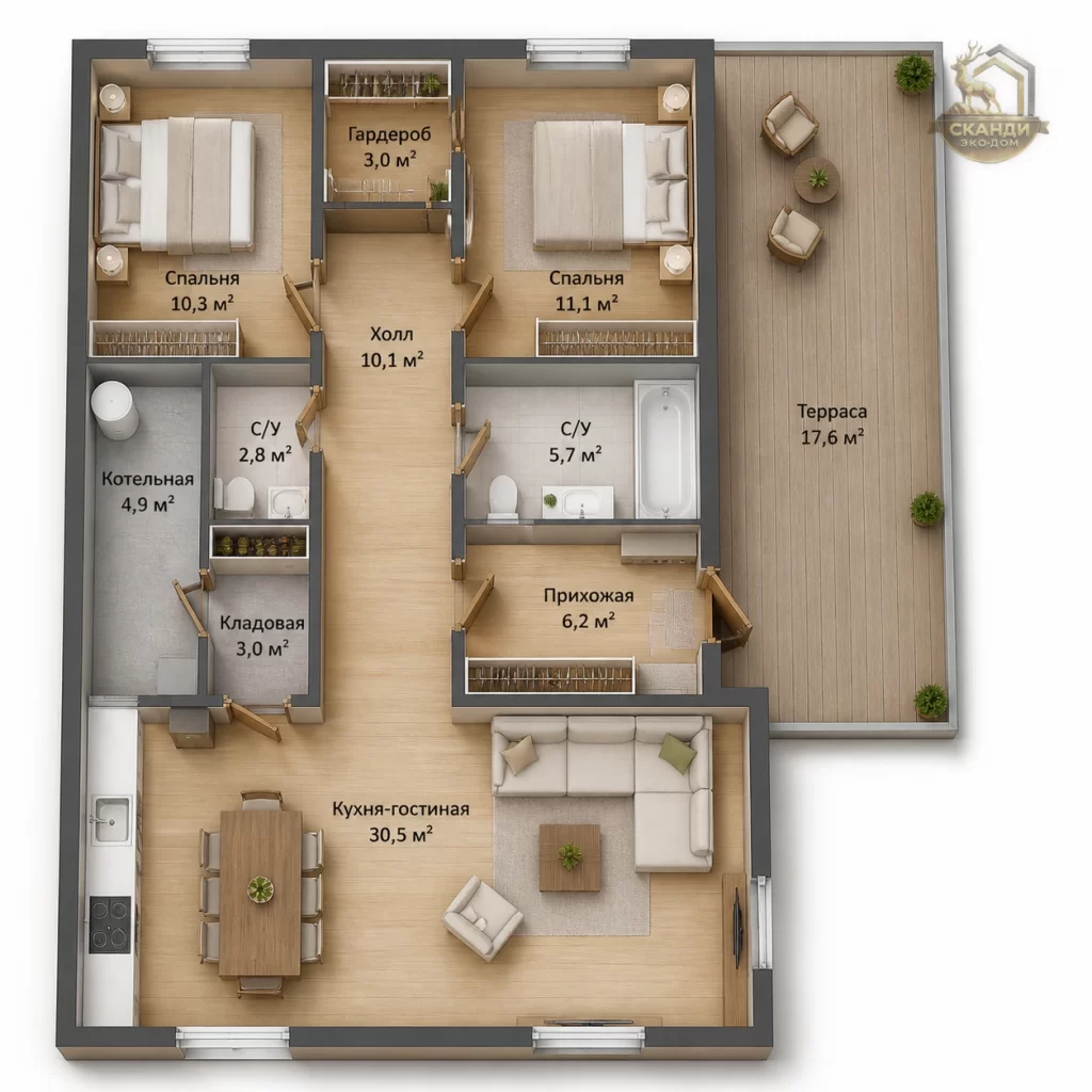 Планировка КД-1460: 2 спальни, кухня-гостиная 30,5 м², гардероб, 2 с/у, котельная, терраса 17,6 м² — 105,2 м²
