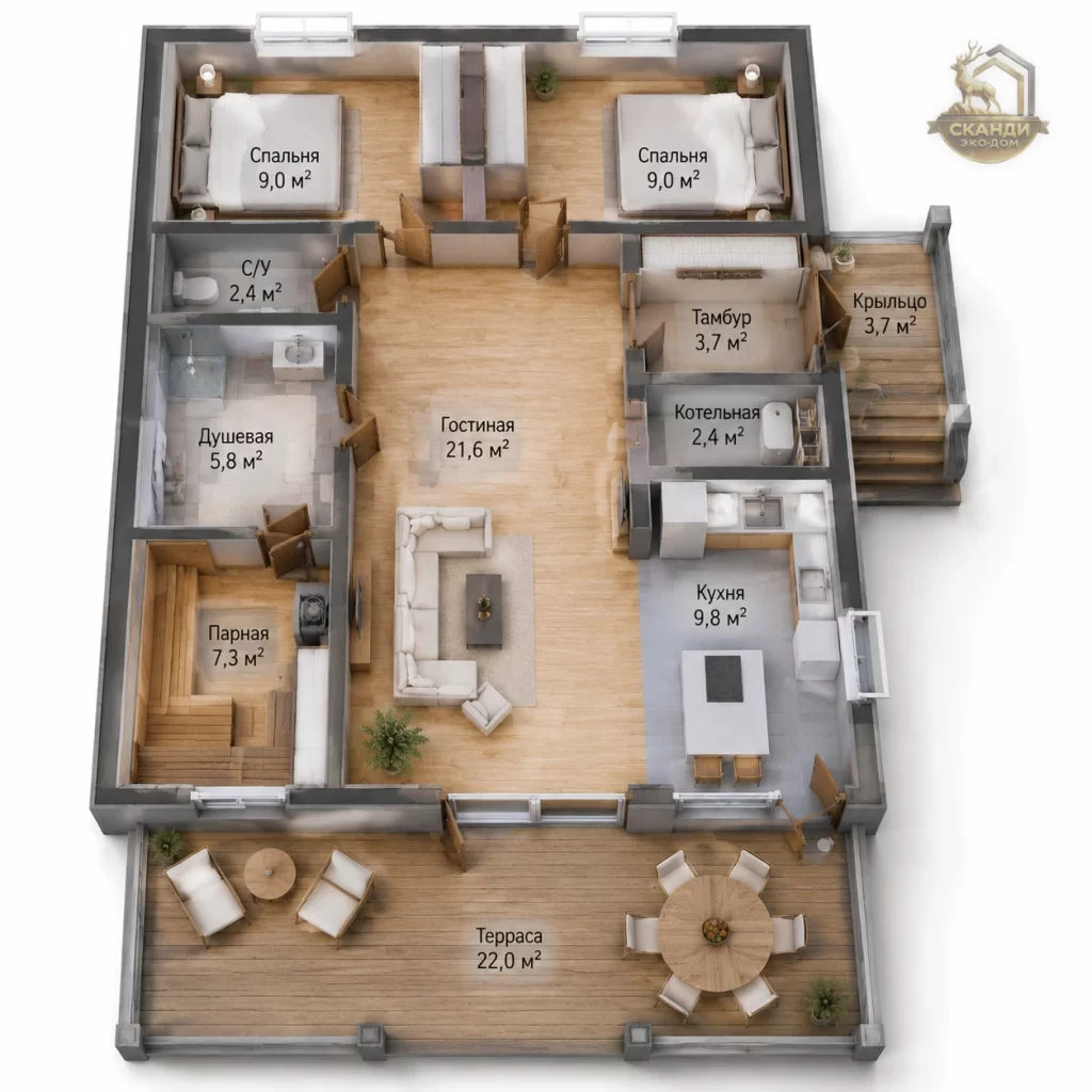 Планировка КД-1470: 2 спальни, гостиная 21,6 м², парная 7,3 м², душевая 5,8 м², кухня, терраса 22 м² — 99,5 м²
