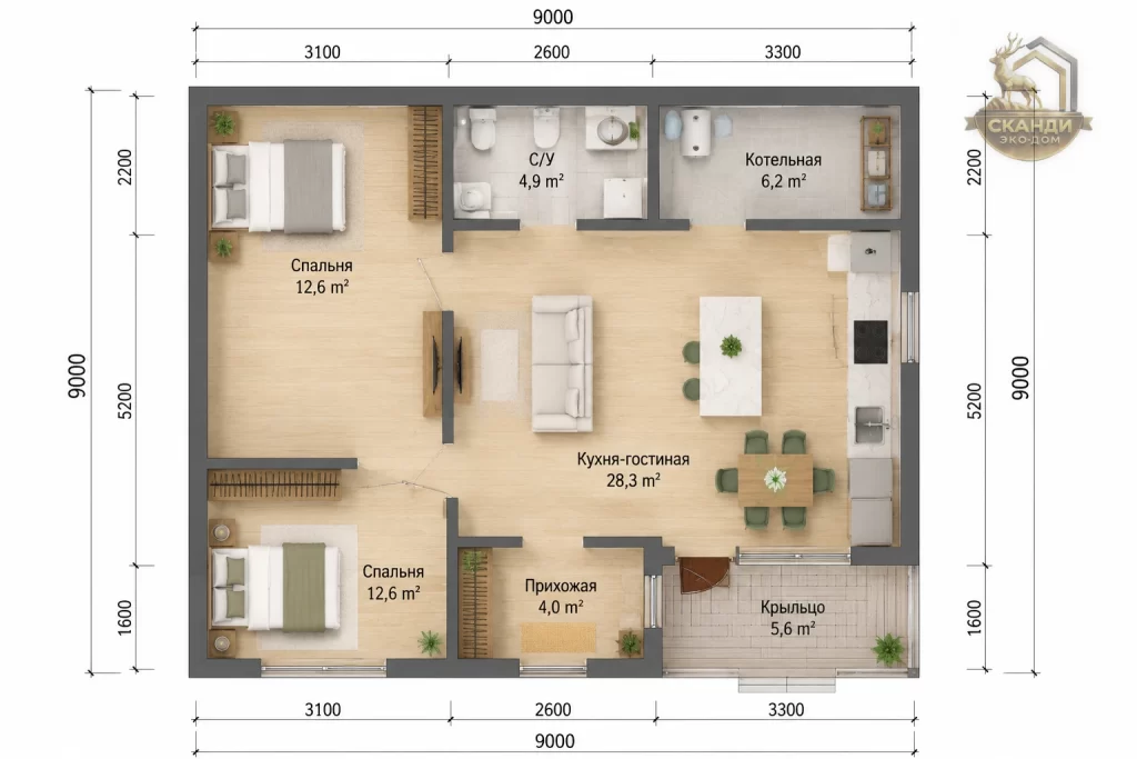 Планировка КД-1480: 2 спальни 12,6 м² каждая, кухня-гостиная 28,3 м², прихожая, С/У, котельная, крыльцо — 74,2 м²