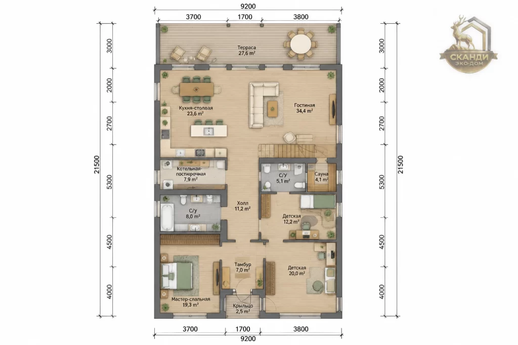 Планировка 1 этажа КД-1490: мастер-спальня 19,3 м², 2 детские 20+12,2 м², кухня-столовая 23,6 м², гостиная 34,4 м², сауна, котельная, 2 С/У, терраса 27,6 м² — 182,9 м²