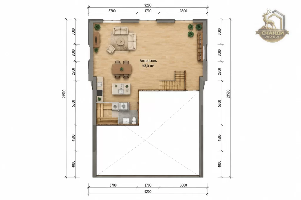 Планировка 2 этажа КД-1490: антресоль 68,5 м² — лофт-пространство над двусветной гостиной с балюстрадой