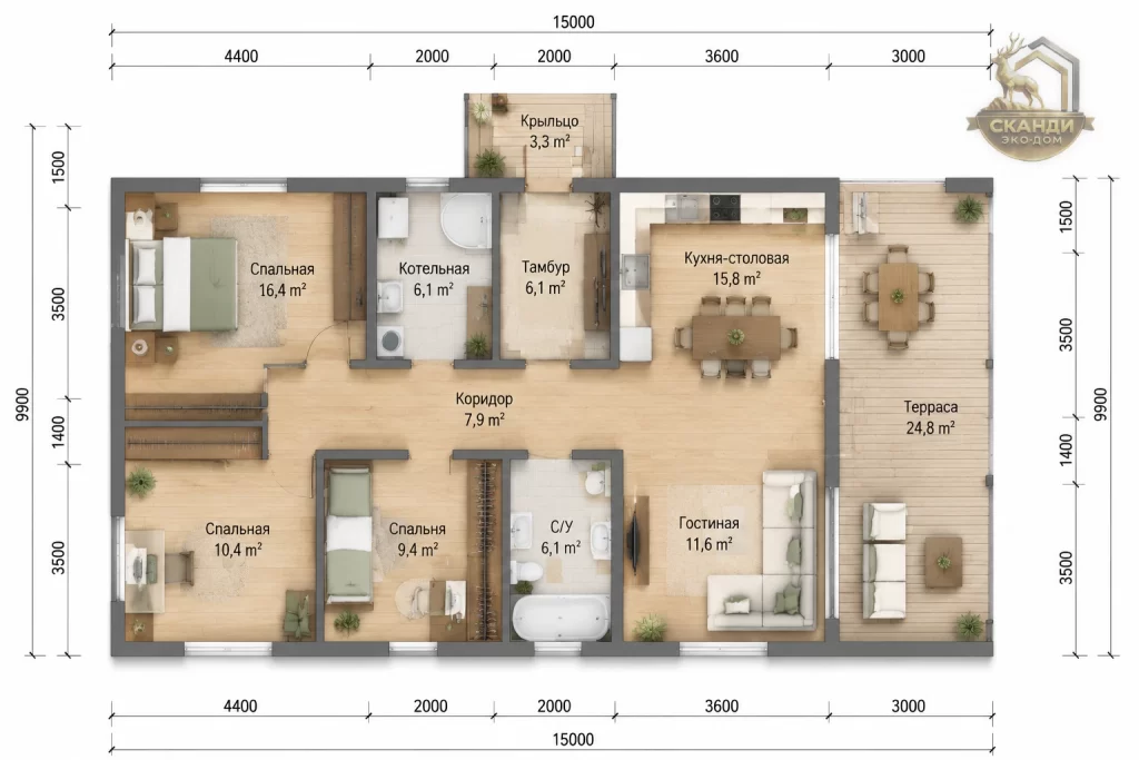 Планировка КД-1500: 2 спальни (16,4 + 10,4 м²), кухня-столовая 15,8 м², гостиная 11,6 м², 2 С/У, котельная, терраса 24,8 м² — 117,9 м²