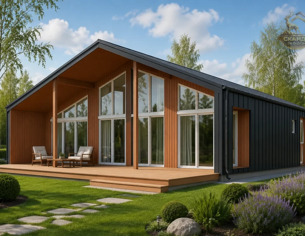 Одноэтажный каркасный дом КД-1510 16×11,5 м, двухтоновый фасад, panoramic glass front, кухня-гостиная 45 м², крытая терраса 34,4 м², дом на бетонной плите, весна-день, 168,7 м²