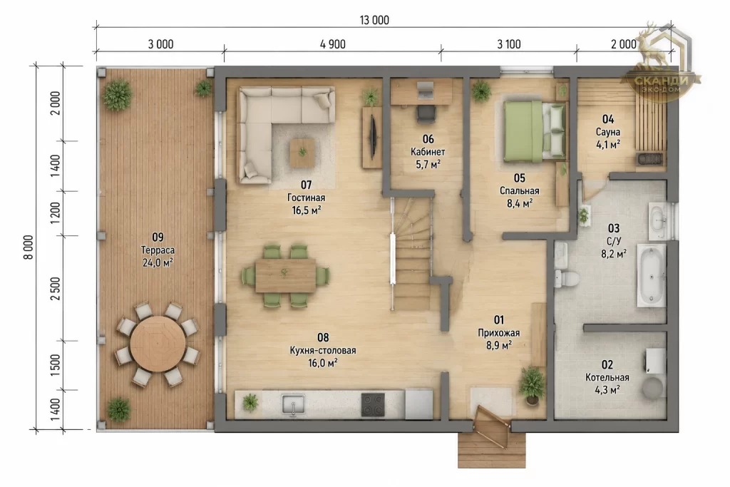 Планировка 1 этажа КД-1520: гостиная 16,5 м², кухня-столовая 16,0 м², спальня 8,4 м², кабинет 5,7 м², сауна 4,1 м², С/У 8,2 м², котельная, прихожая, терраса 24,0 м² — 96,1 м²
