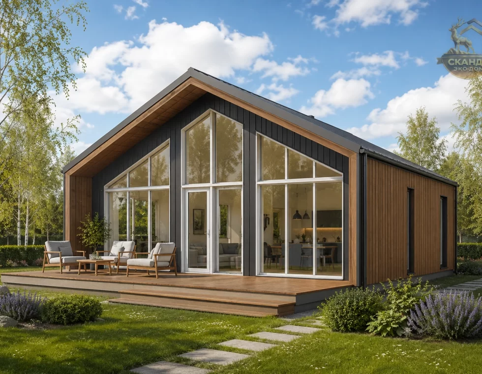 Одноэтажный каркасный дом-лофт КД-1530 13×8,5 м, двухтоновый фасад, panoramic glass front двусветной гостиной, дом на бетонной плите, весна-день, 86,2 м²
