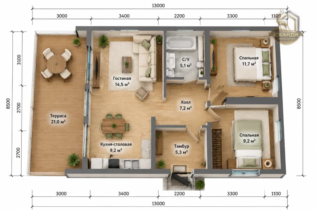 Планировка КД-1530: 2 спальни 11,7+9,2 м², гостиная 14,5 м², кухня-столовая 9,2 м², С/У 5,1 м², холл, тамбур, крытая терраса 21 м² — 86,2 м²