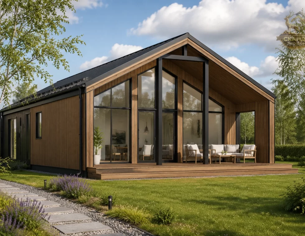 Одноэтажный barnhouse КД-1540 12,5×9,5 м с panoramic glass front, 94,1 м²