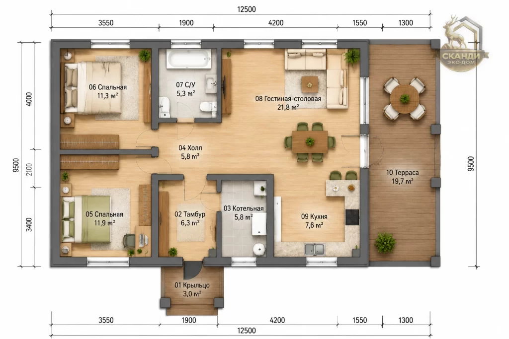 Планировка КД-1540: 2 спальни 11,9+11,3 м², гостиная-столовая 21,8 м², кухня 7,6 м², С/У 5,3 м², холл, тамбур, котельная, терраса 19,7 м² — 94,1 м²
