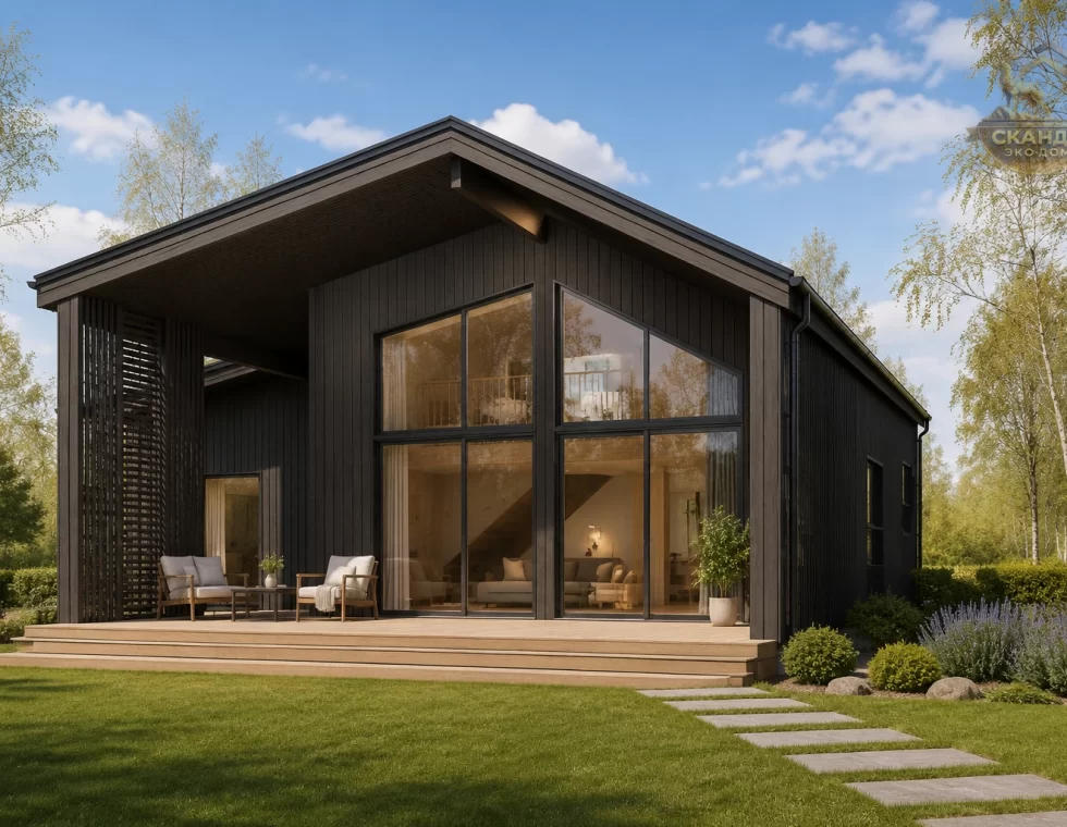 Каркасный barnhouse КД-1550 12,2×14,5 м, тёмный графитовый фасад, panoramic glass front двусветной гостиной с антресолью, 158,2 м²