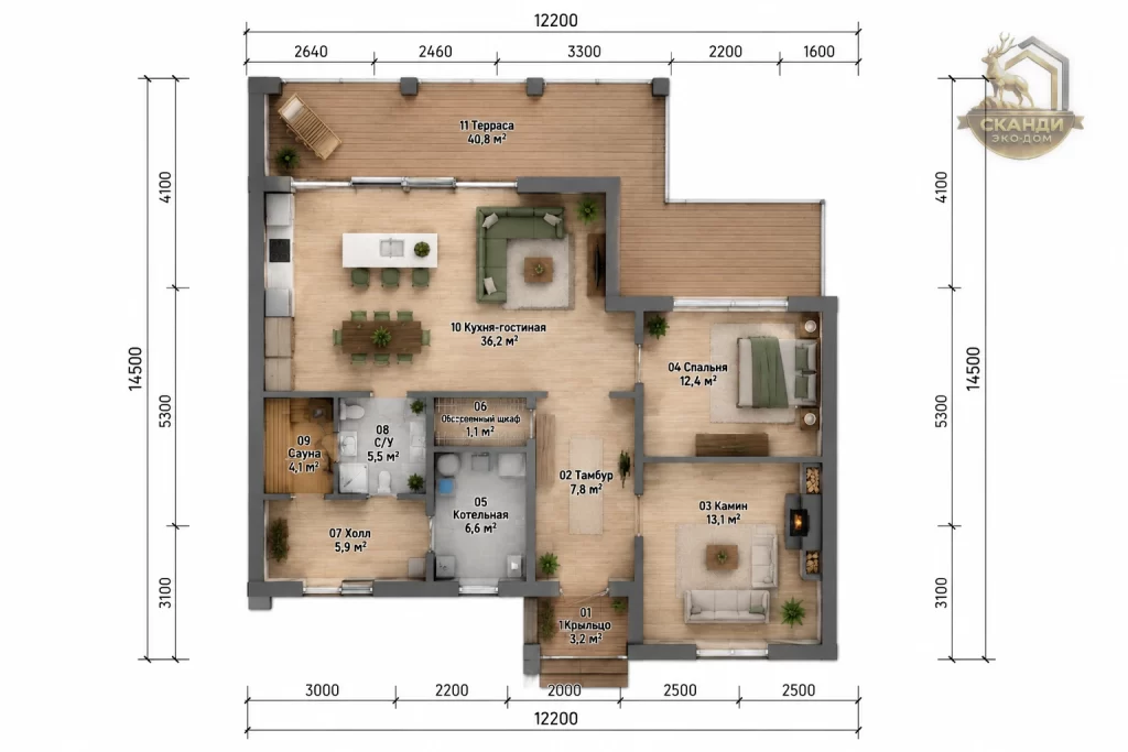 Планировка 1 этажа КД-1550: спальня 12,4 м², кухня-гостиная 36,2 м² с двусветным потолком, камин 13,1 м², сауна 4,1 м², С/У 5,5 м², холл, тамбур, котельная, крытая терраса 40,8 м² — 135,9 м²