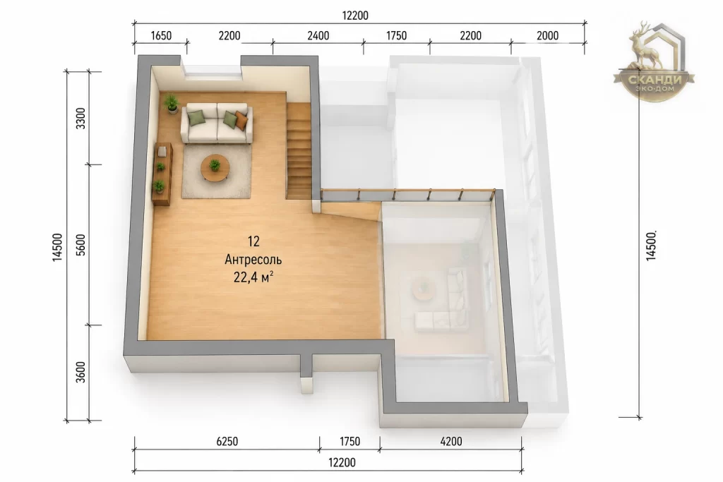 Планировка антресоли КД-1550: лофт 22,4 м² над двусветной гостиной