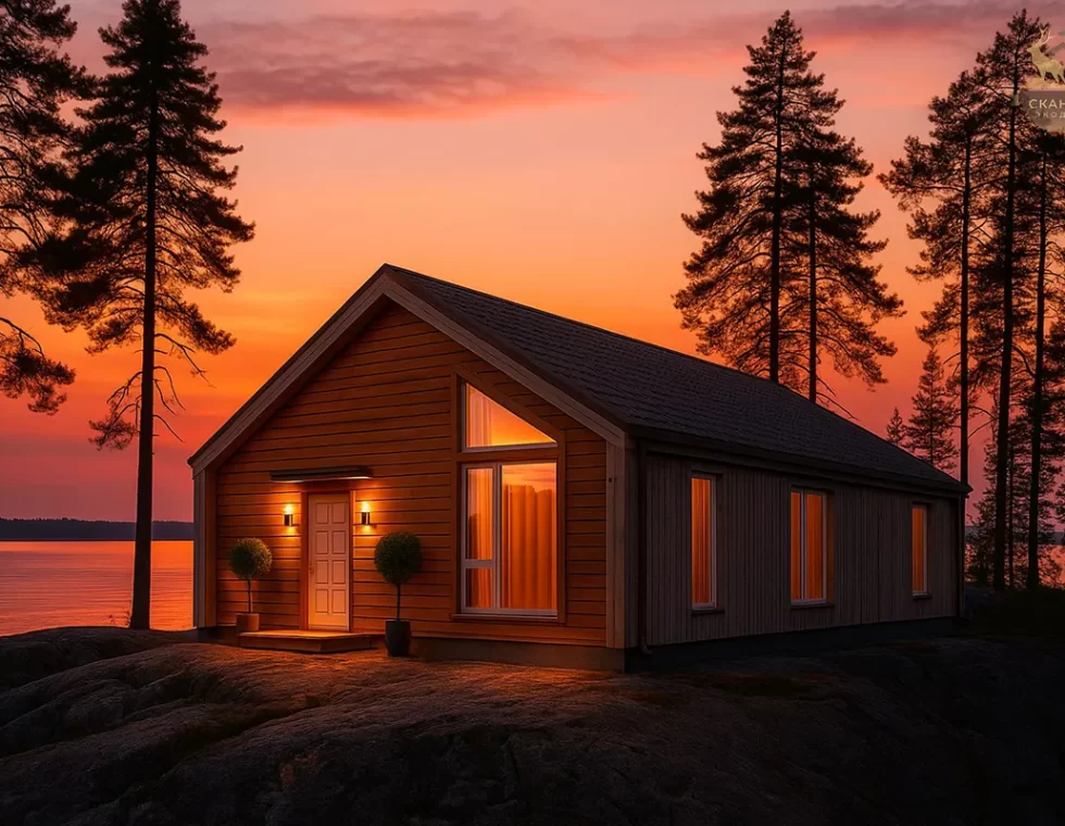 Одноэтажный каркасный дом с двухскатной крышей КД-830 фото