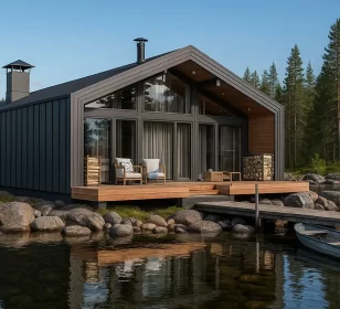 Одноэтажный каркасный дом с панорамными окнами, крыльцом и террасой КД-900 фото