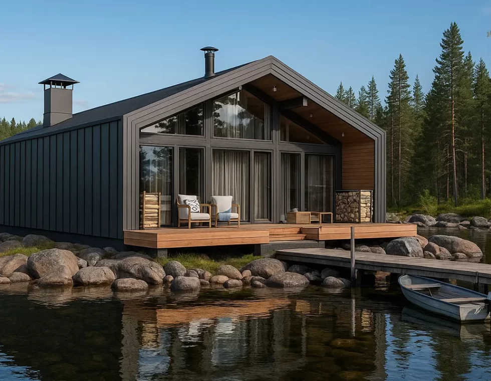 Одноэтажный каркасный дом с панорамными окнами, крыльцом и террасой КД-900 фото