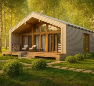 Одноэтажный каркасный дом с открытой верандой и панорамными окнами КД-720 фото