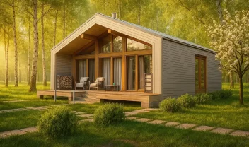 Одноэтажный каркасный дом с открытой верандой и панорамными окнами КД-720 фото