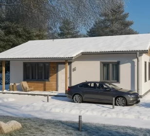 Одноэтажный каркасный дом с двускатной кровлей и террасой КД-340 фото 2