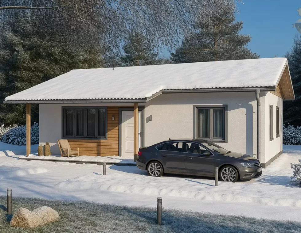 Одноэтажный каркасный дом с двускатной кровлей и террасой КД-340 фото 2