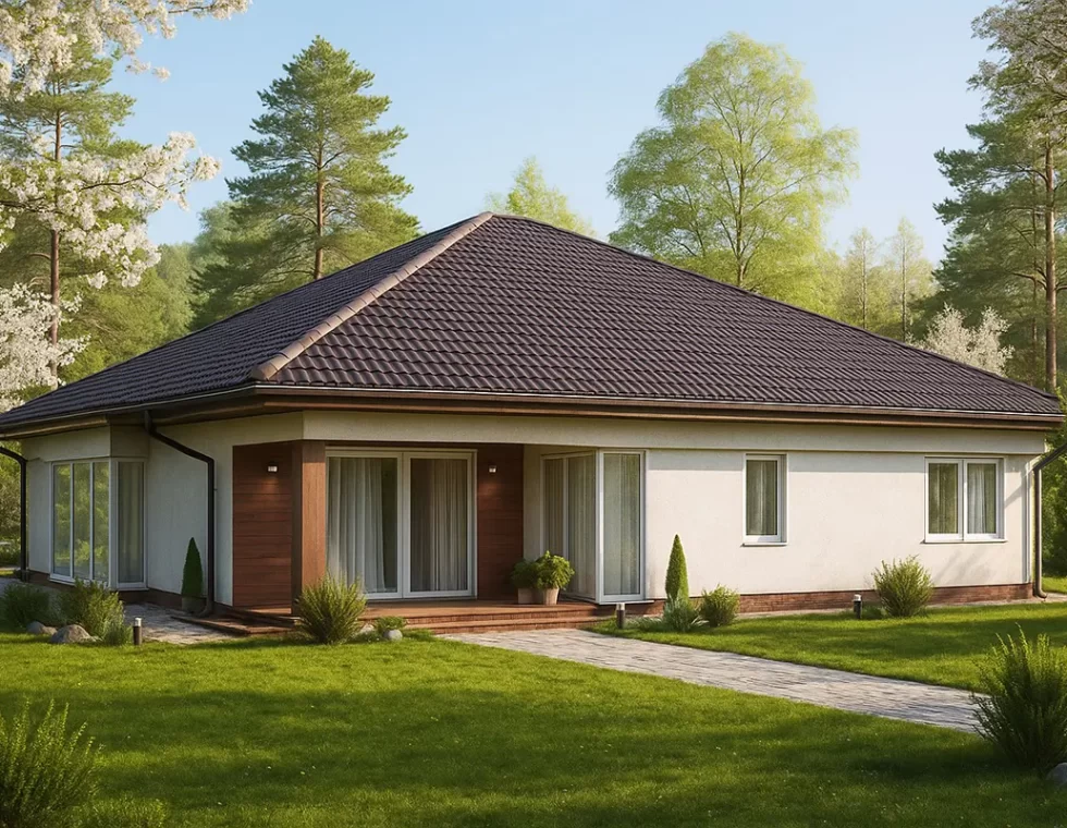 Одноэтажный каркасный дом с гаражом КД-140 фото