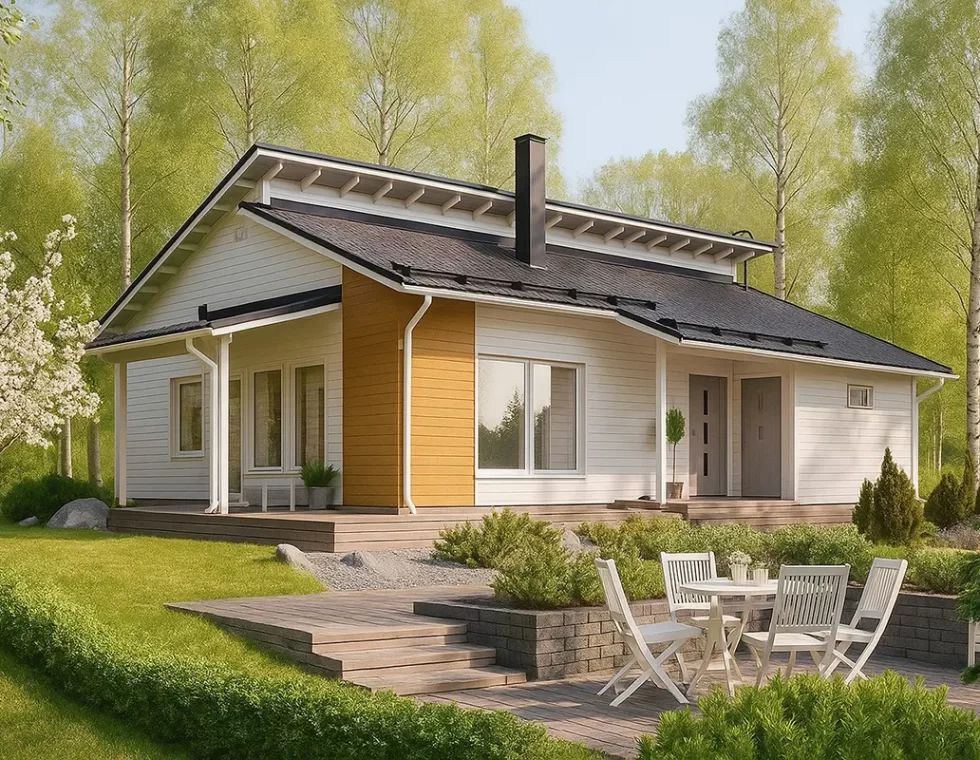 Одноэтажный каркасный дом с котельной и террасой КД-350 фото